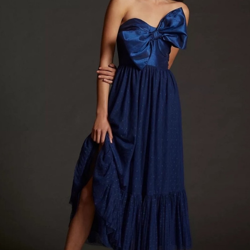Anthropologie Navy Tulle Bow-Tie Midi Dress